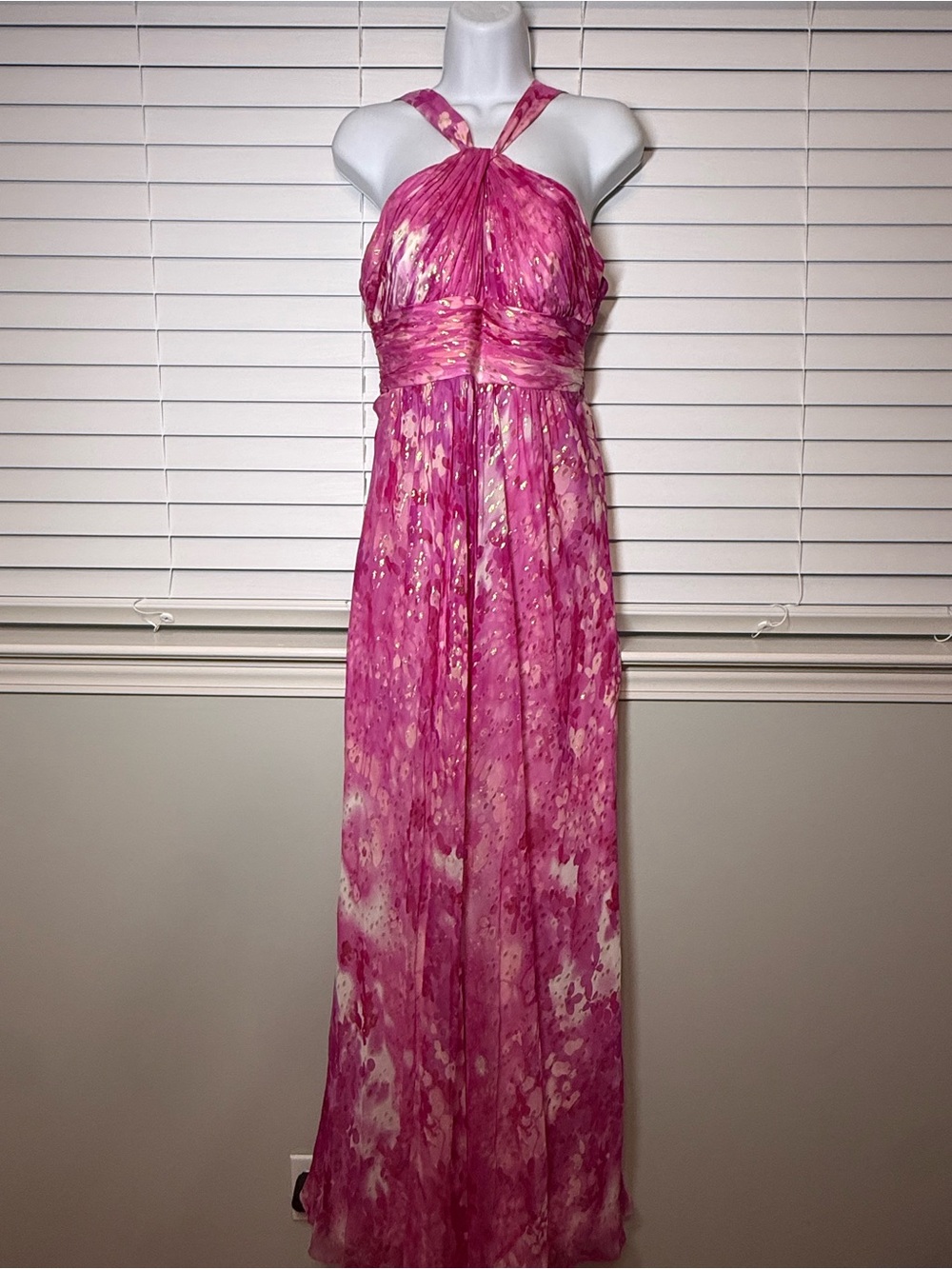 NWT Aidan Mattox Fuscia Halter Maxi Gown with gold metallic detail